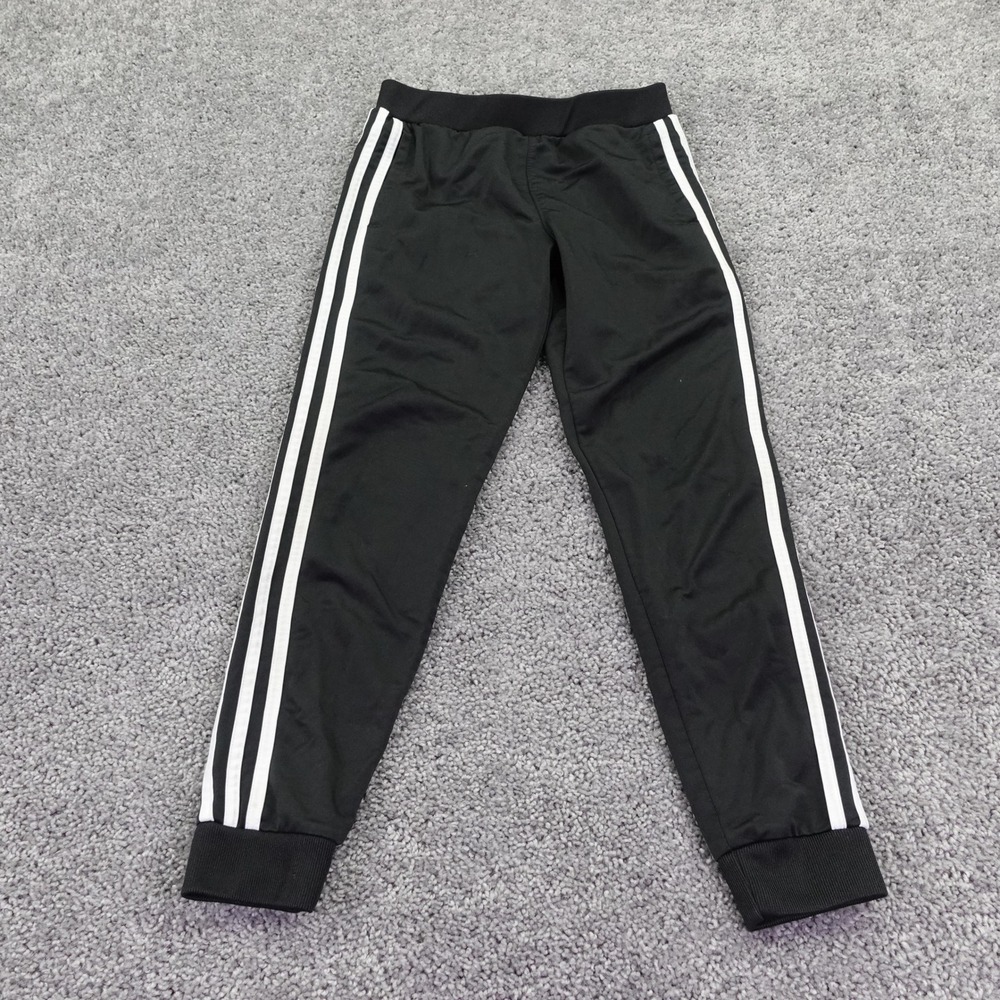 Adidas Track Pants Boys Medium 10/12 Black White 3 Stripe Joggers Activewear
